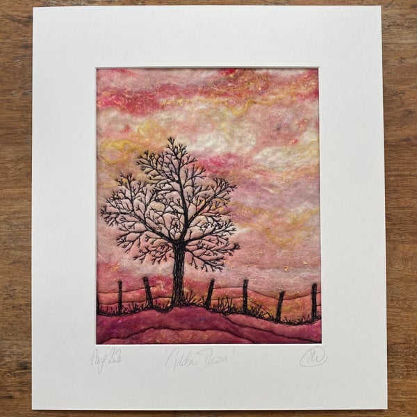 Sunrise tree and fence landscape mounted fibre Art. 
