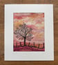 Sunrise tree and fence landscape mounted fibre Art. 