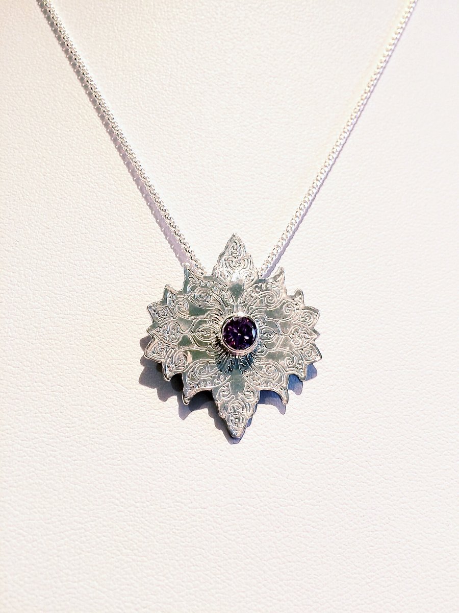 Engraved Fine Silver Star Necklace with Faceted Amethyst