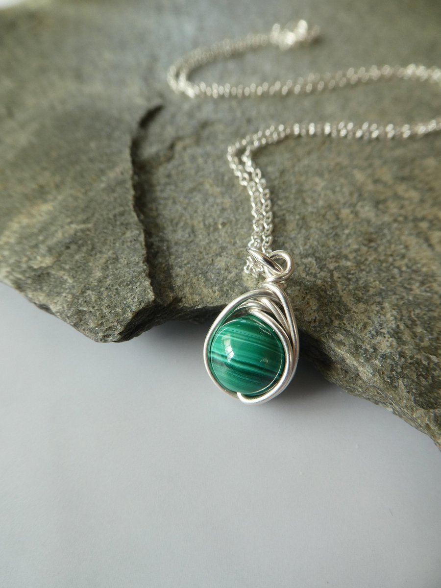 Sterling silver malachite pendant, malachite necklace in silver