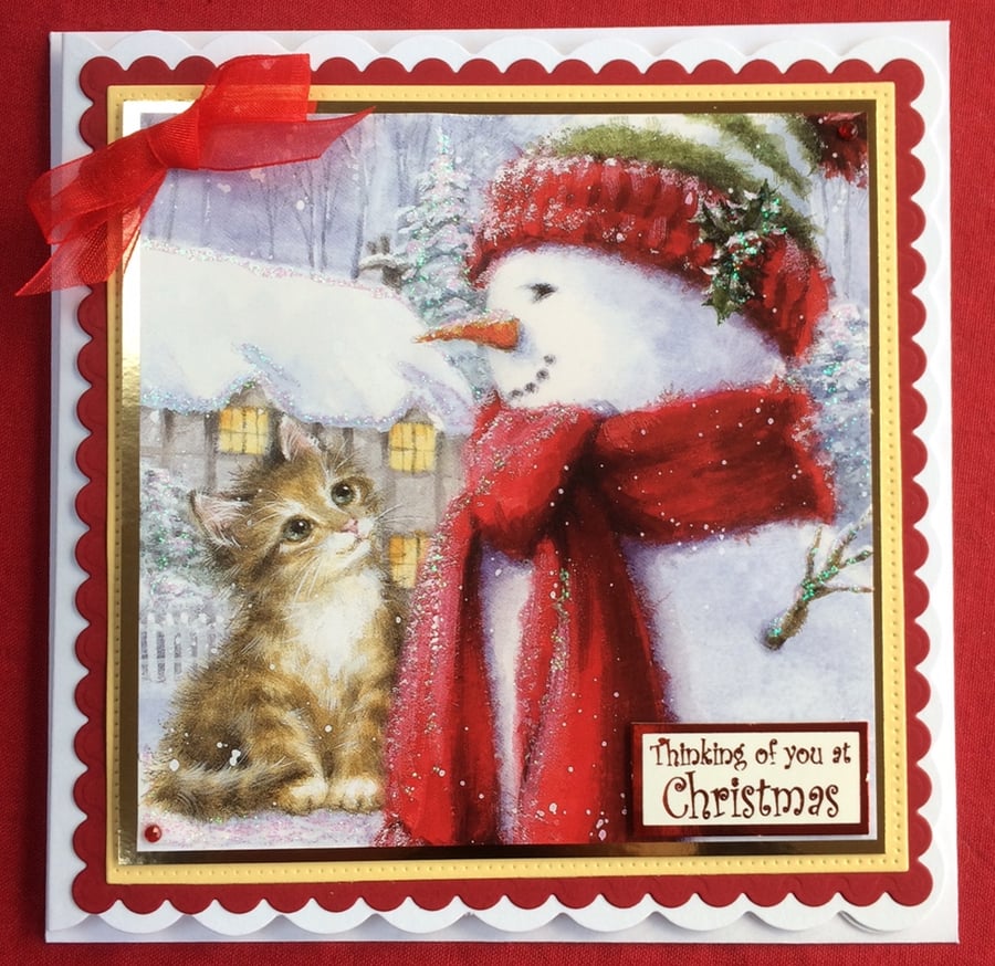 Christmas Card Cute Cat Snowman House Country Cottage 3D Luxury Handmade