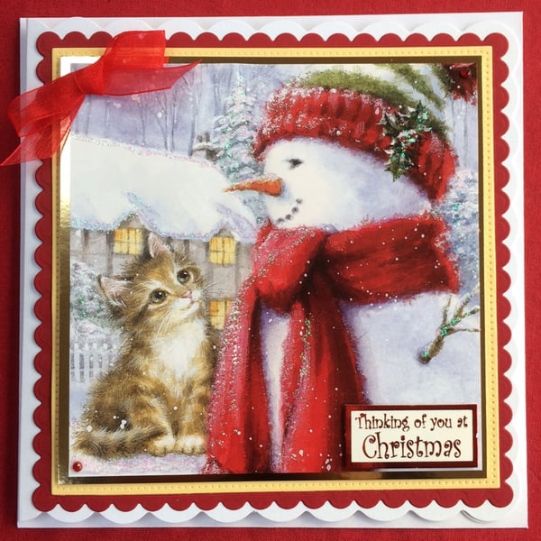 Christmas Card Cute Cat Snowman House Country Cottage 3D Luxury Handmade