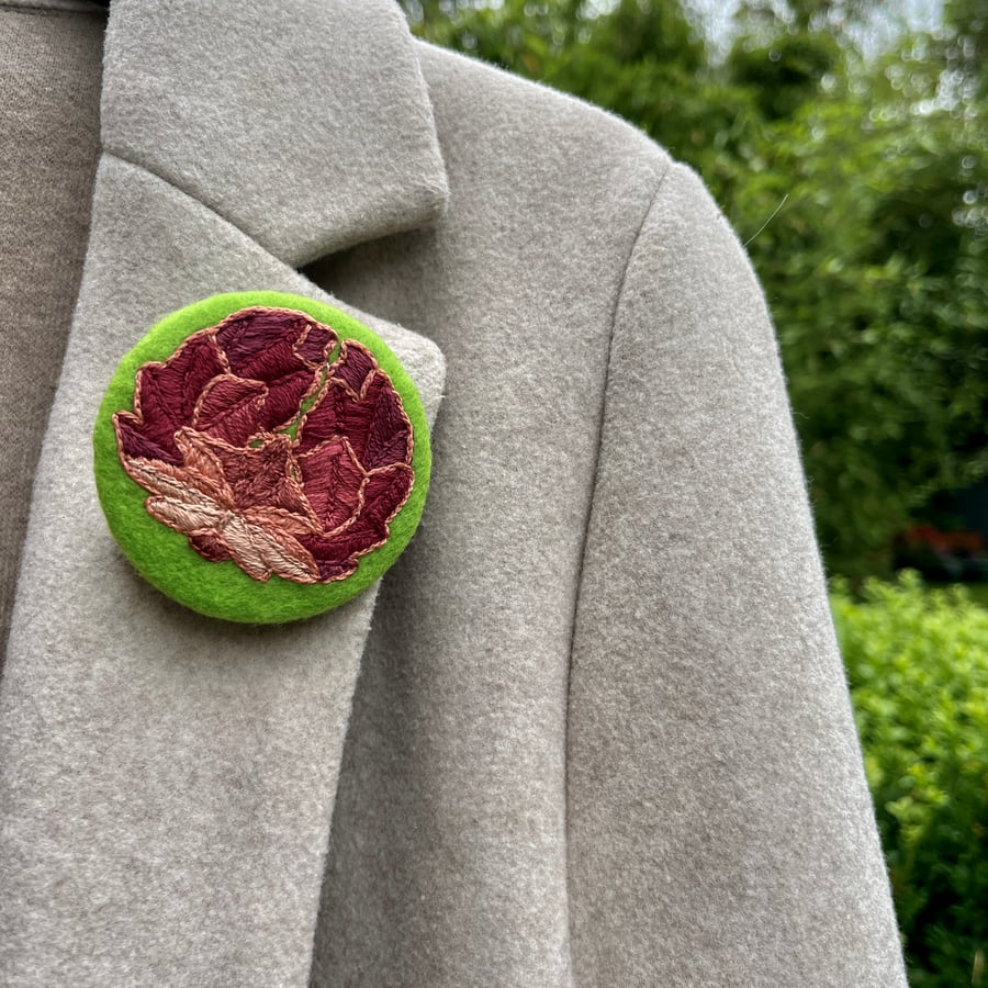 Light green hand embroidered floral brooch, stitched flower brooch pin 