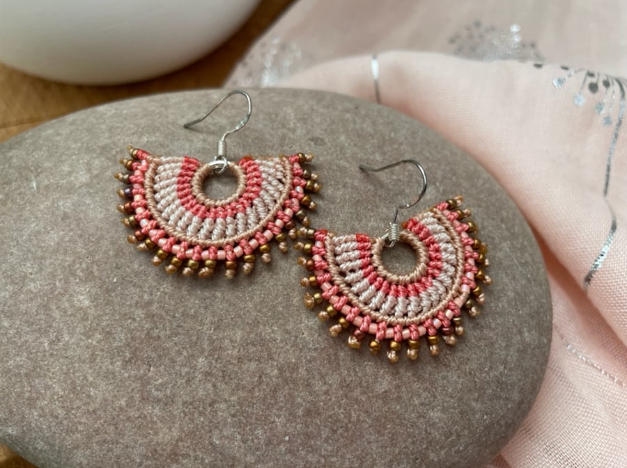 Earrings boho micro macrame beaded fan shape earrings 
