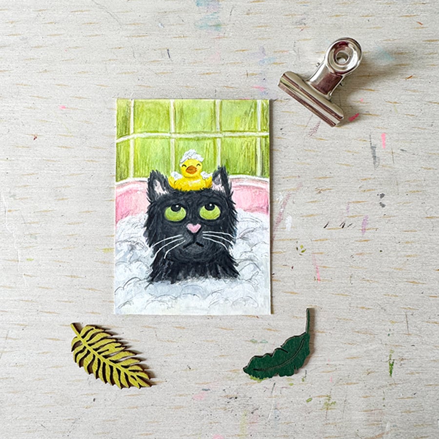 Black Cat in bath Original ACEO painting - One of a kind