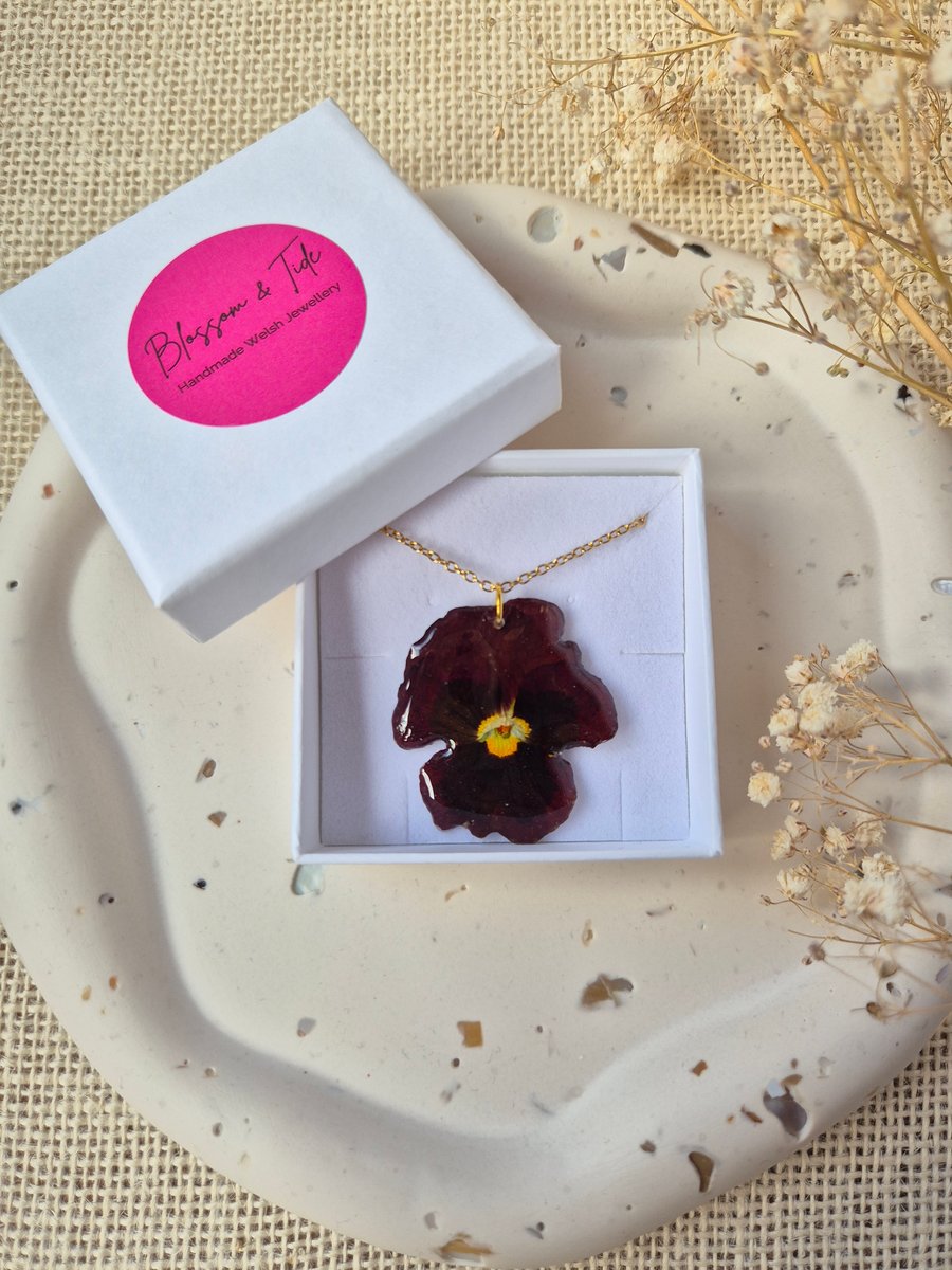 Real Pansy Pressed Flower Necklace - Burgundy