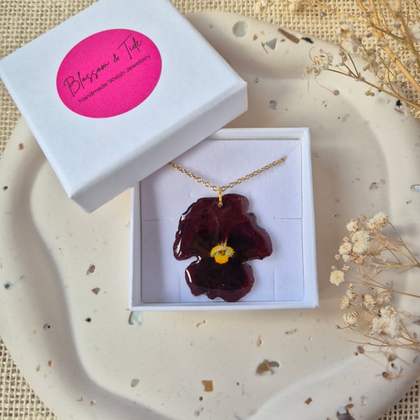 Real Pansy Pressed Flower Necklace - Burgundy