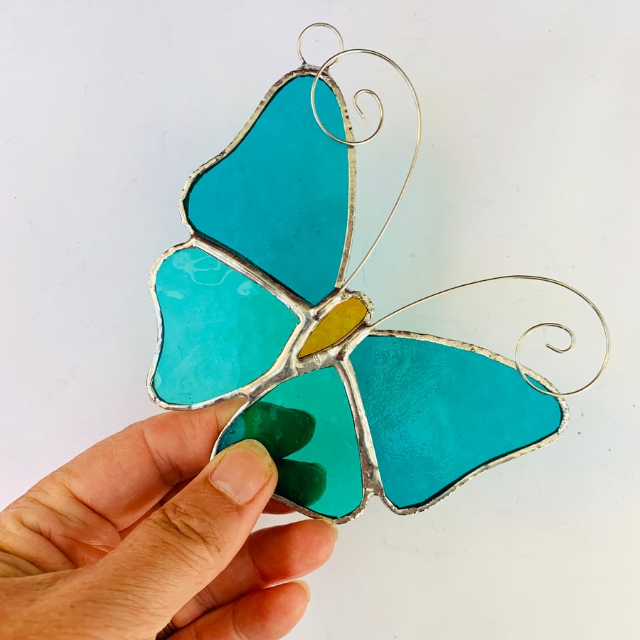 Stained Glass Butterfly Suncatcher - Handmade Decoration - Aquamarine 