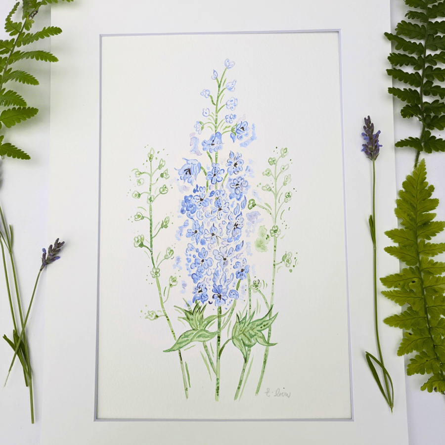 Delphinium hand-painted original watercolour painting 