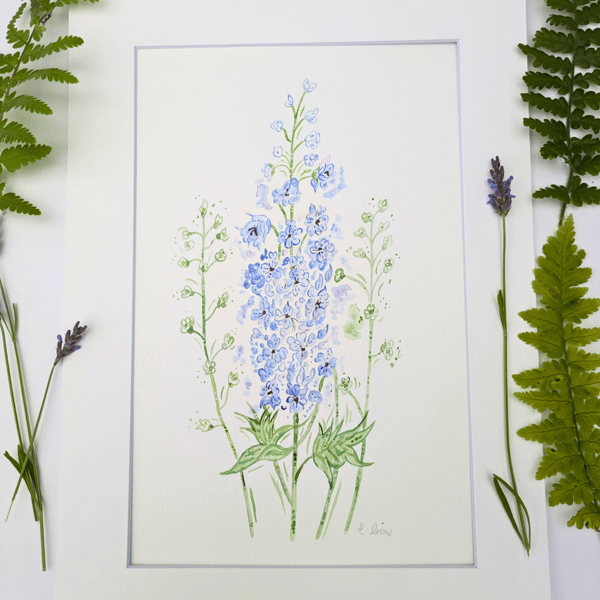 Delphinium hand-painted original watercolour painting 