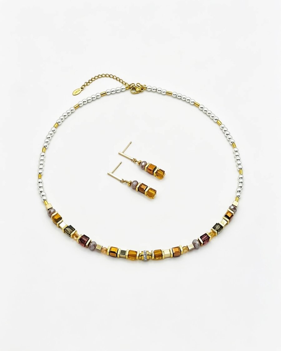 Champagne Glass & Natural White Stone Earrings Necklace in Gold Stainless Steel