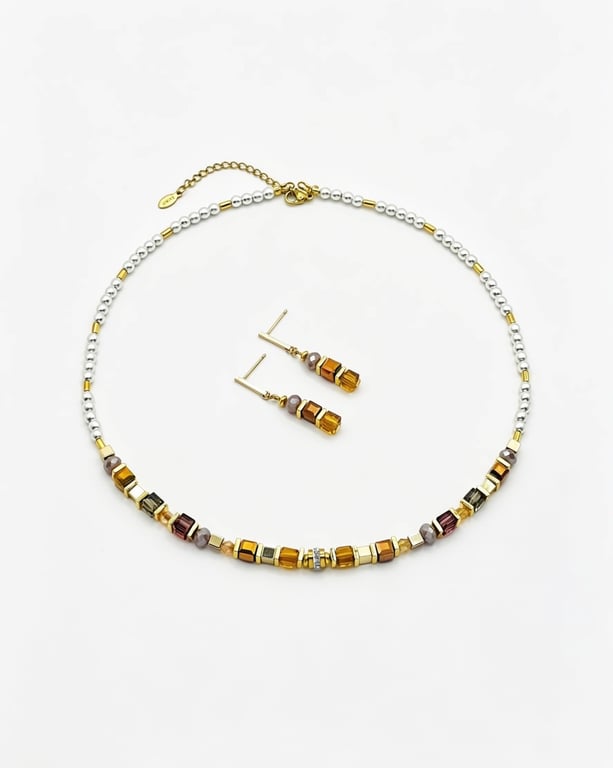 Champagne Glass & Natural White Stone Earrings Necklace in Gold Stainless Steel