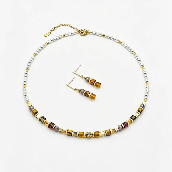 Champagne Glass & Natural White Stone Earrings Necklace in Gold Stainless Steel