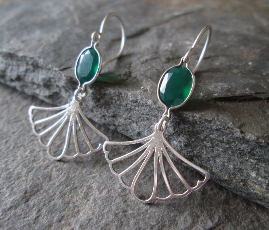 'Emerald' Green Dangle Earrings - Silver Drop Earrings, Green Agate Gemstone