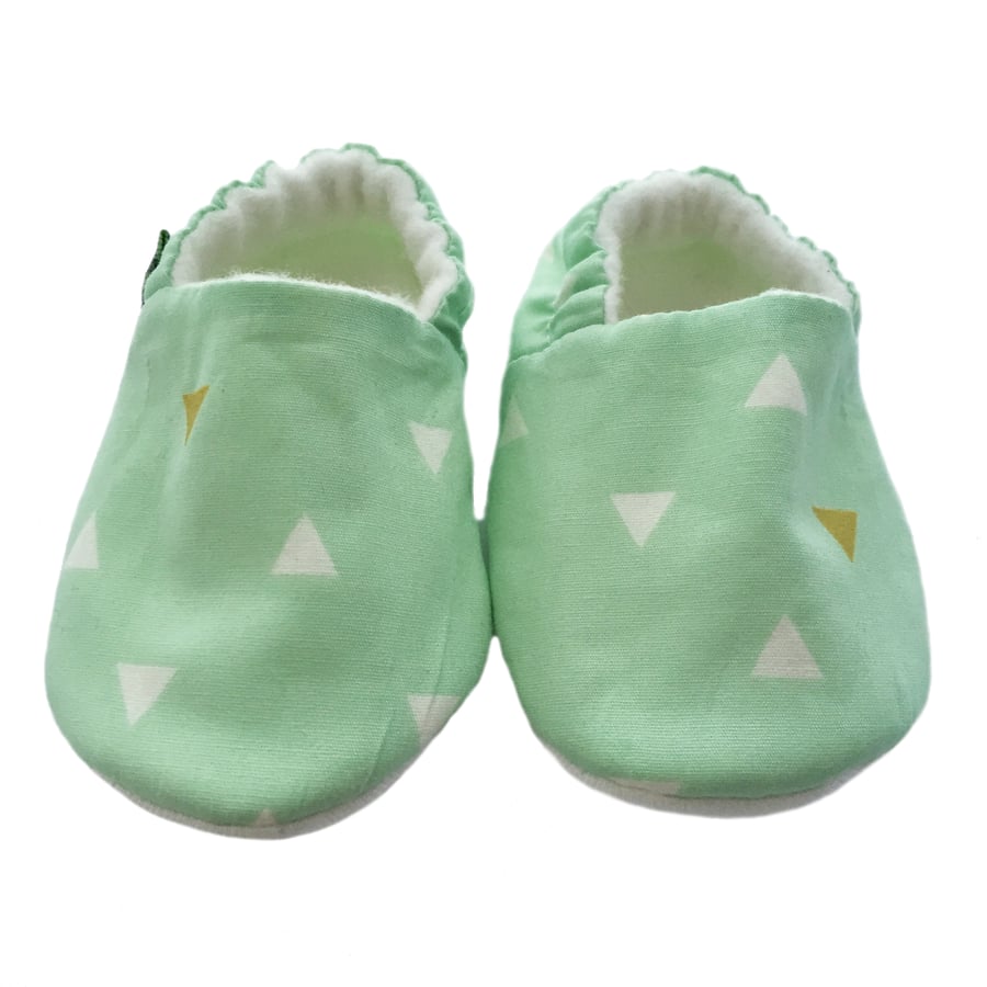 BELLAOSKI Gold TRIANGLES on Mint BABY SLIPPERS Pram Shoes GIFT IDEA 0-24M