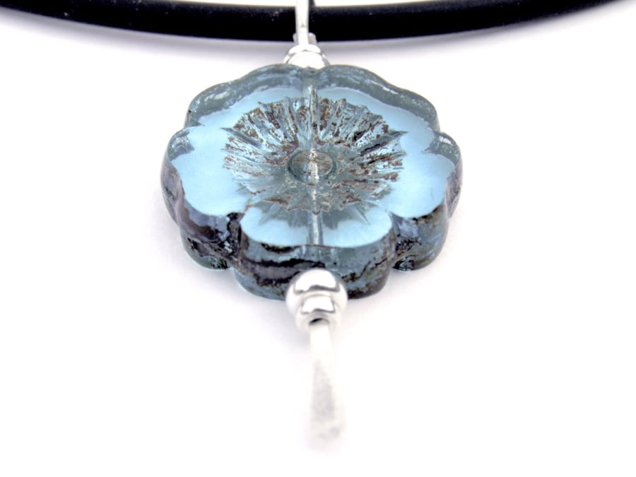 Aqua Blue Sterling Silver Flower Necklace - Black Rubber
