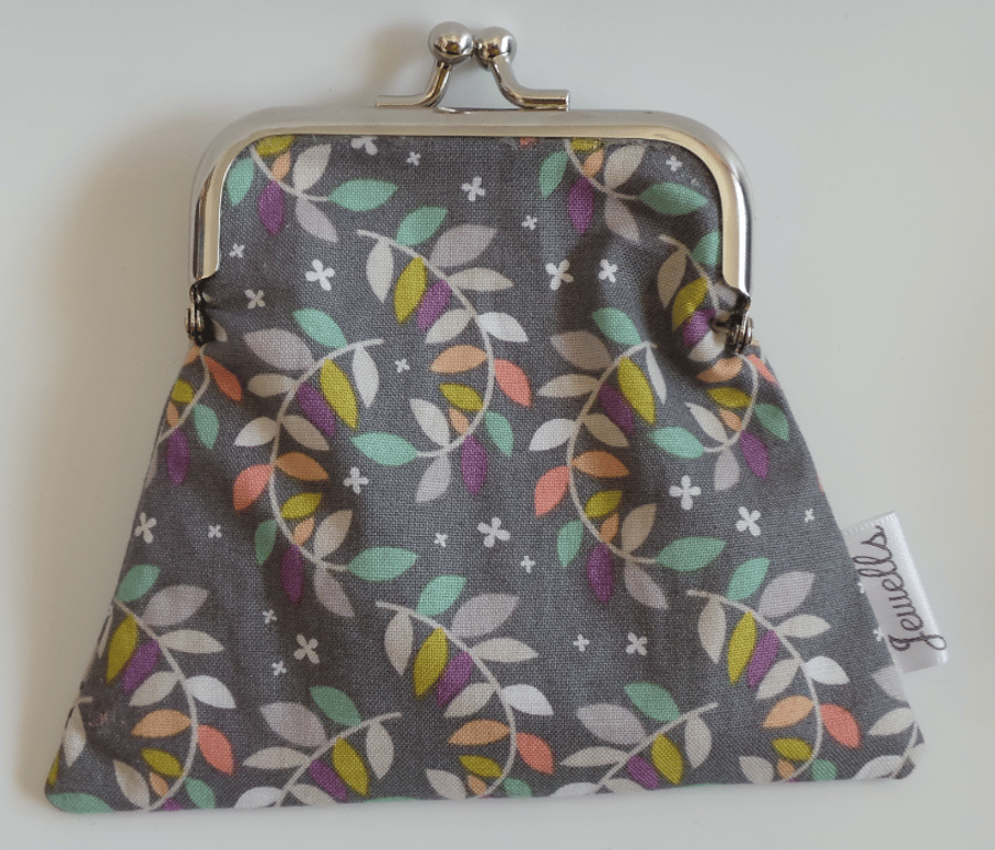 Medium Clasp Purse with FREE Pocket Mirror Grey Flowers Floral