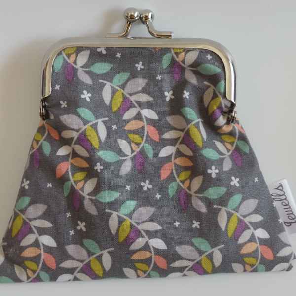 Medium Clasp Purse with FREE Pocket Mirror Grey Flowers Floral