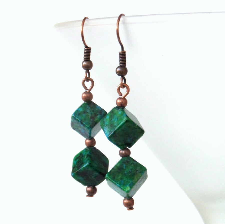 Chrysocolla cube copper earrings