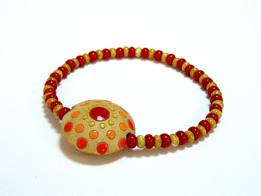 Ceramic Lentil Bead Bracelet,Red and Caramel Bracelet,Stretchy Bracelet,