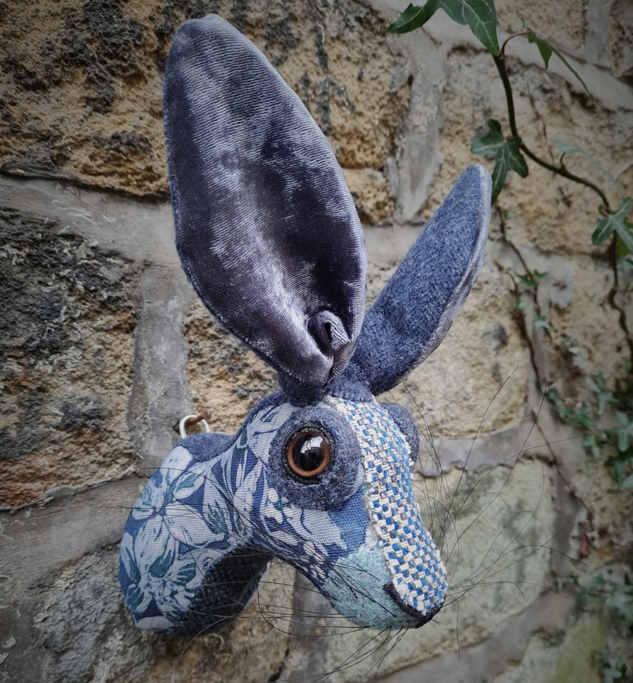 Faux hare head wall mount in blue and white Sanderson  fabric