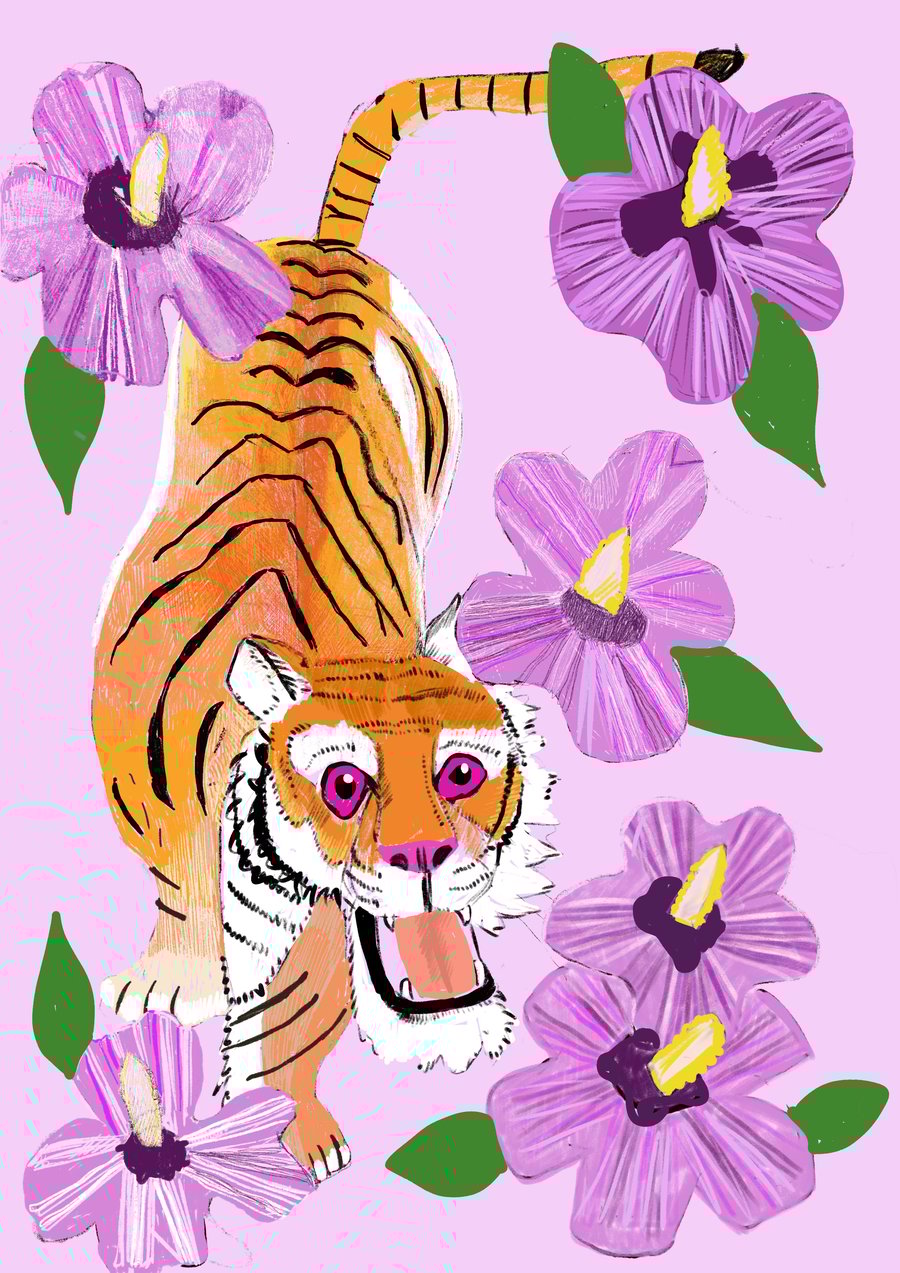 Chinese tiger and hibiscus a6 postcard