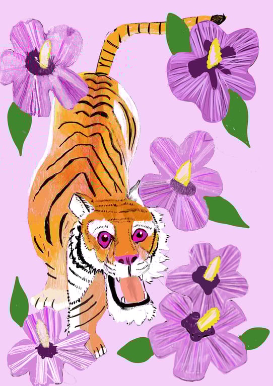 Chinese tiger and hibiscus a6 postcard