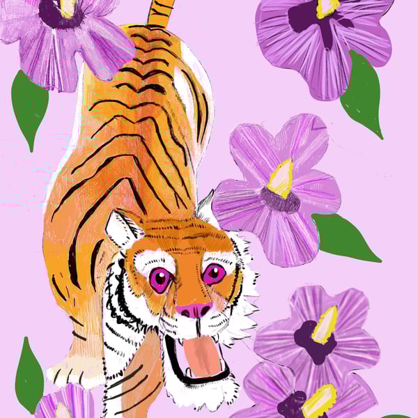 Chinese tiger and hibiscus a6 postcard