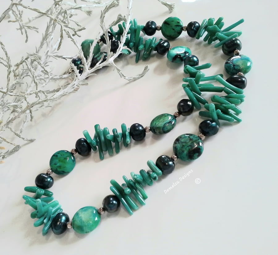 Turquoise (Stab;), Green Freshwater Pearls & Coral Sterling Silver Necklace