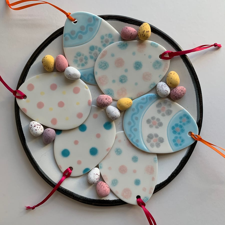 Large Easter Egg Porcelain Hanging Decoration - Blues & Pinks