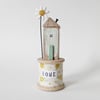 Wooden House on a Vintage Floral Bobbin with Clay Daisy 'Home'