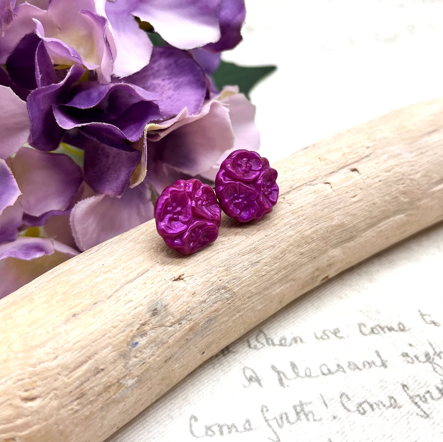 Perfectly Imperfect - Hot Fuchsia pink flowers vintage button stud earrings 