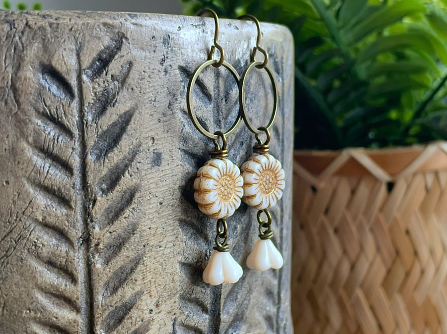 Czech Glass Sunflower Earrings in Antique Cream & Bronze. Nature Jewellery