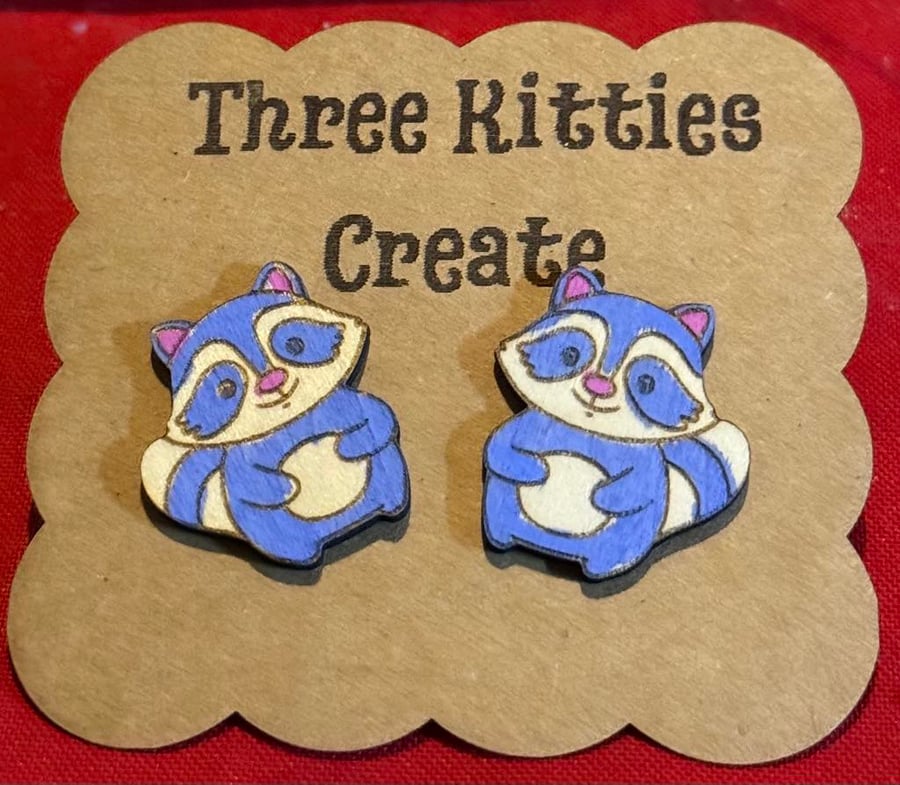 Mischievous Raccoon Laser-Cut Stud Earrings – Woodland-Inspired Charm