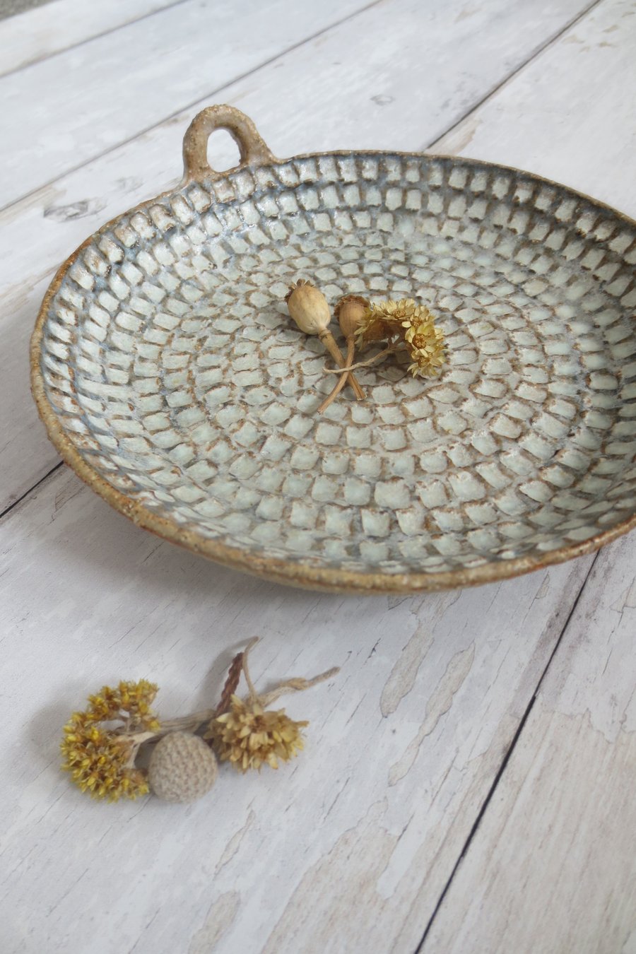 Hand-built large stoneware pottery candle dish in deep sea green