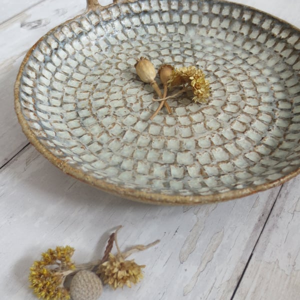 Hand-built large stoneware pottery candle dish in deep sea green