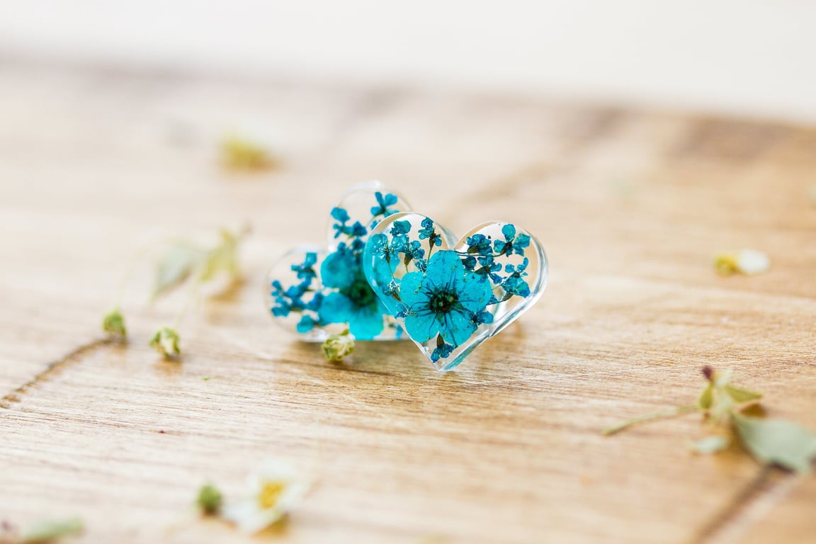 Real Flower Earrings Blue Hearts Sterling Silver Something Blue Resin Jewellery 