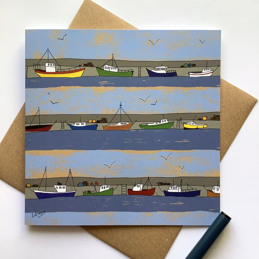 Harbour with boats - greetings card - blank inside for your own message