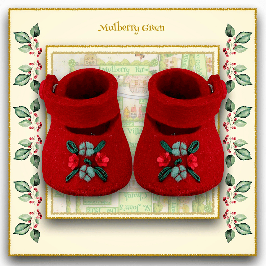Reserved for Patti - Cherry Red Embroidered Doll’s Shoes