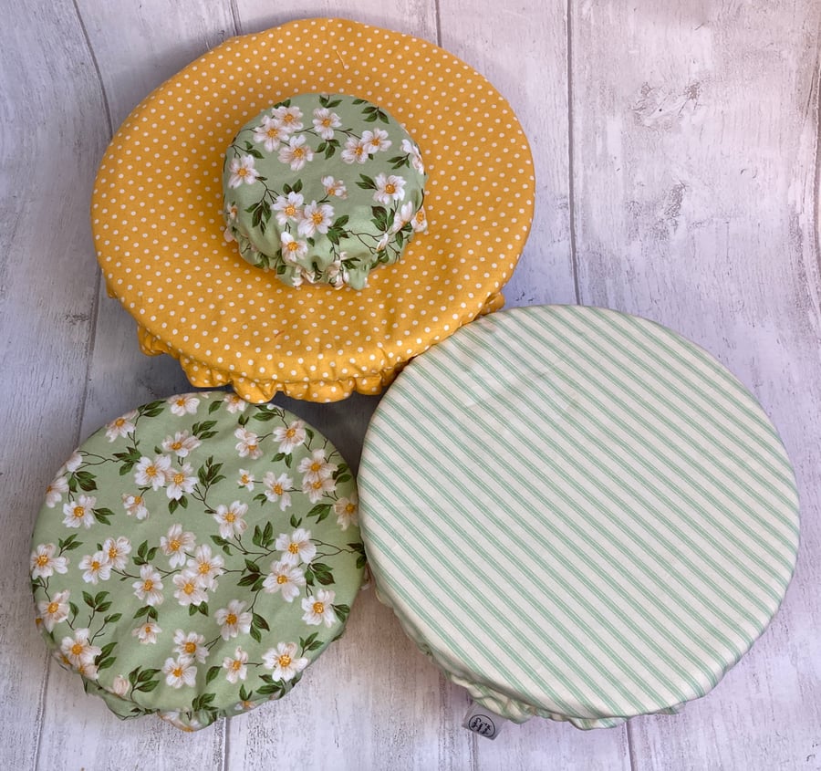 Reusable bowl covers - set of four. Sage green and yellow.