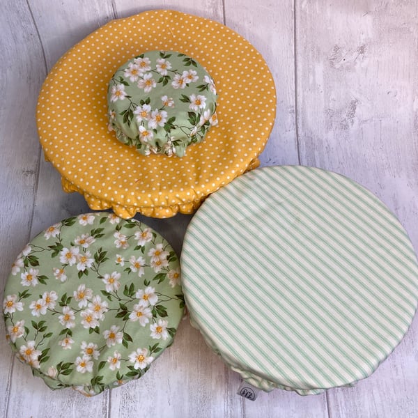 Reusable bowl covers - set of four. Sage green and yellow.