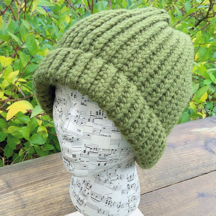 Hand Knitted Fisherman’s Hat. Chunky Knit Beanie. Green Beanie. Woolly Hat. Ha