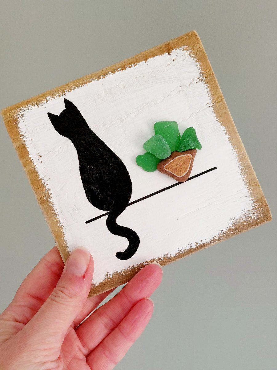 Wooden Cat Art - Painted Cat on a Ledge with Sea Glass Plant on Reclaimed Wood