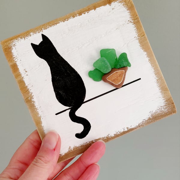 Sea Glass Art Picture - Cat on a Ledge on Reclaimed Wood, Gift, Home Decor