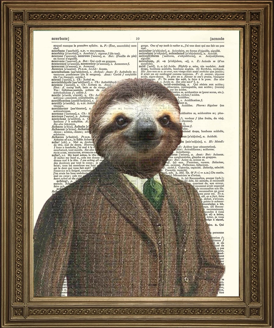 Sloth Print: Dictionary Art, Animal in Suit