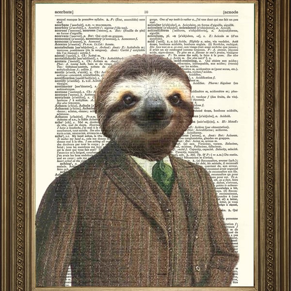 Sloth Print: Dictionary Art, Animal in Suit