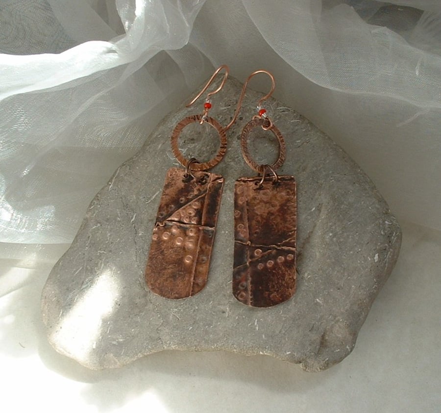 "Armour" Rustic Copper Fold Form Oblong Earrings