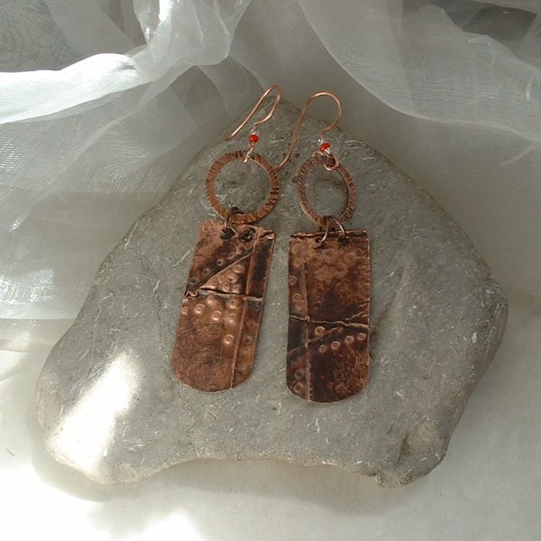 "Armour" Rustic Copper Fold Form Oblong Earrings