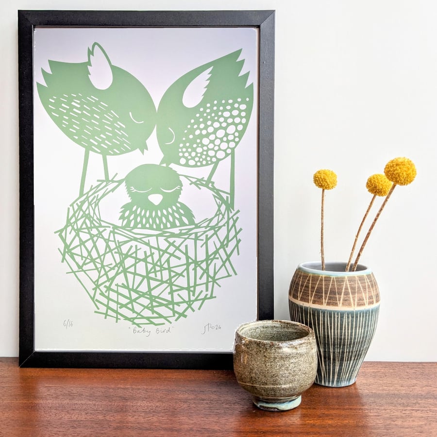 Baby Bird in a Nest in mint - hand pulled screen print