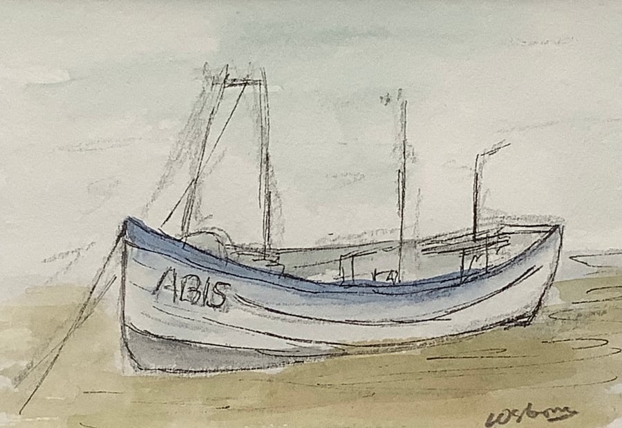 Fishing boat - miniature. Original watercolour, pen, ink.